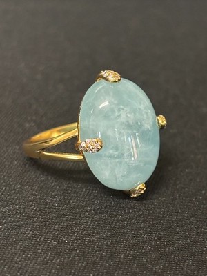 Cabochon Light Blue Stone Ring .925 Sterling Silver Gold Overlay Size 9