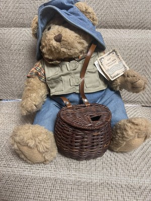 Vintage Russ Timeless Teddies Jointed Bigfoot Fishing Bear Clothes, Basket NWT