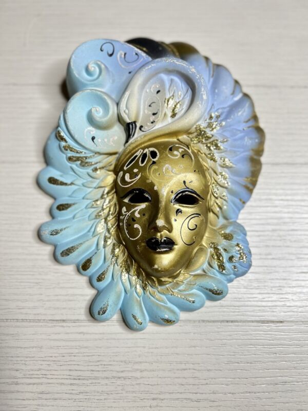 Berton Cello Ceramiche Artistiche Blue&Gold Glitter Mardi Gras Mask 10.5” Italy
