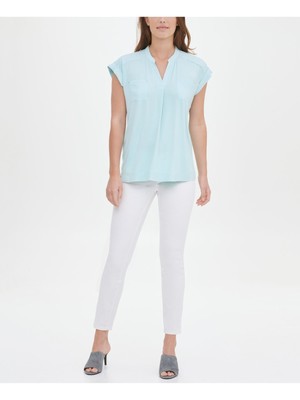 Женский бирюзовый топ CALVIN KLEIN с карманами и вентилируемым подолом, коротким рукавом и V-образным вырезом S