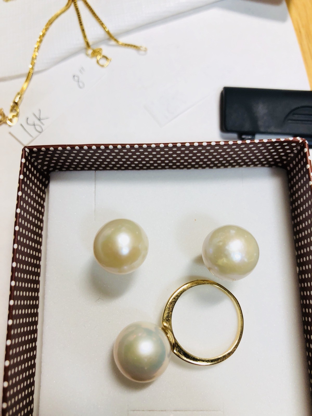 18K Saudi Gold South Pearl Ivory Earring & Ring 6”