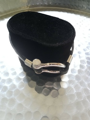 Luxury Polished Steel Bracelet with Black Leather Strap- Men's 8