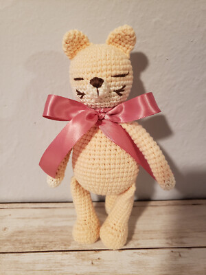 7 inch Cotton Bedtime Toy Handmade Pink Cat Amigurumi Stuffed