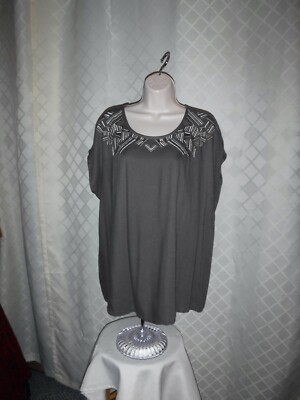 Size Plus Short Slee  Tops 2X,1X,APT.,Yellow & Olive Grey Embroidered NWT