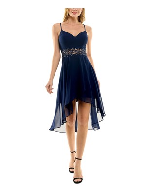CITY STUDIO Womens Navy Asymmetric Hem Spaghetti Strap Midi Dress Juniors 1