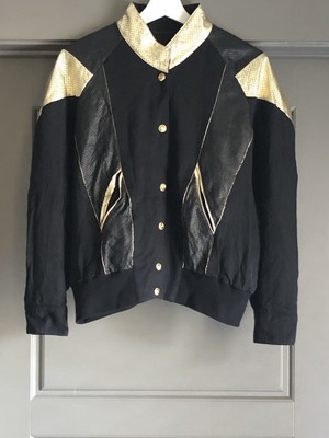 Vintage Deja Vu Designs Leather Black and Gold Women s Bomber Jacket Size M