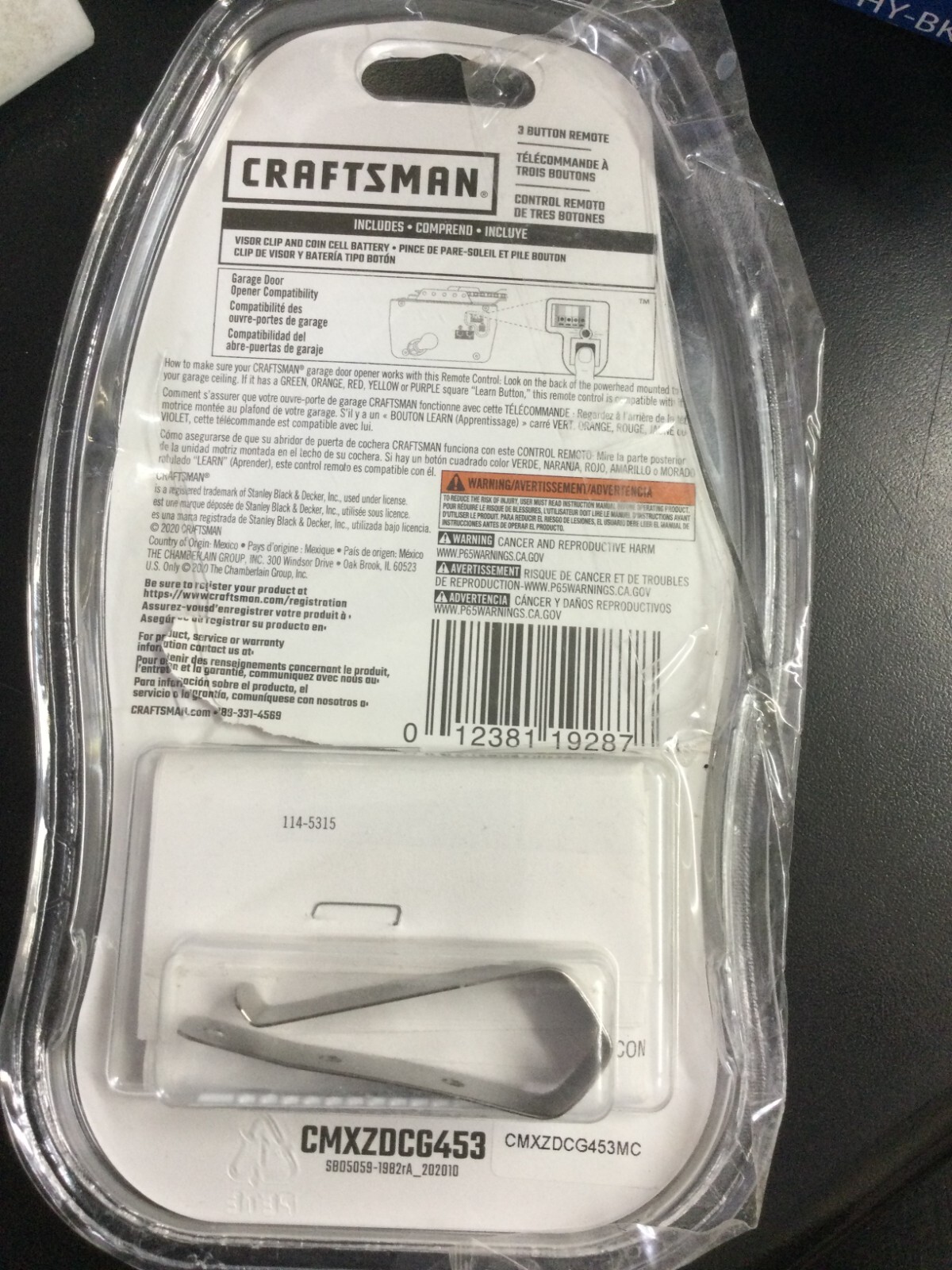 Craftsman 3 Button Remote 1500 Ft Range Secure Includes Visor Clip & Battery 878