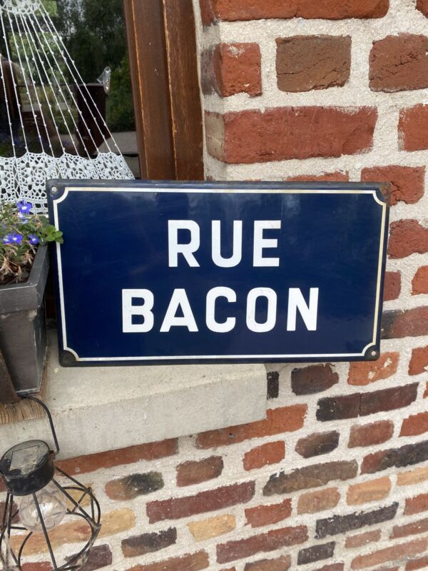 old antique vintage french enamel street sign Rue Bacon France