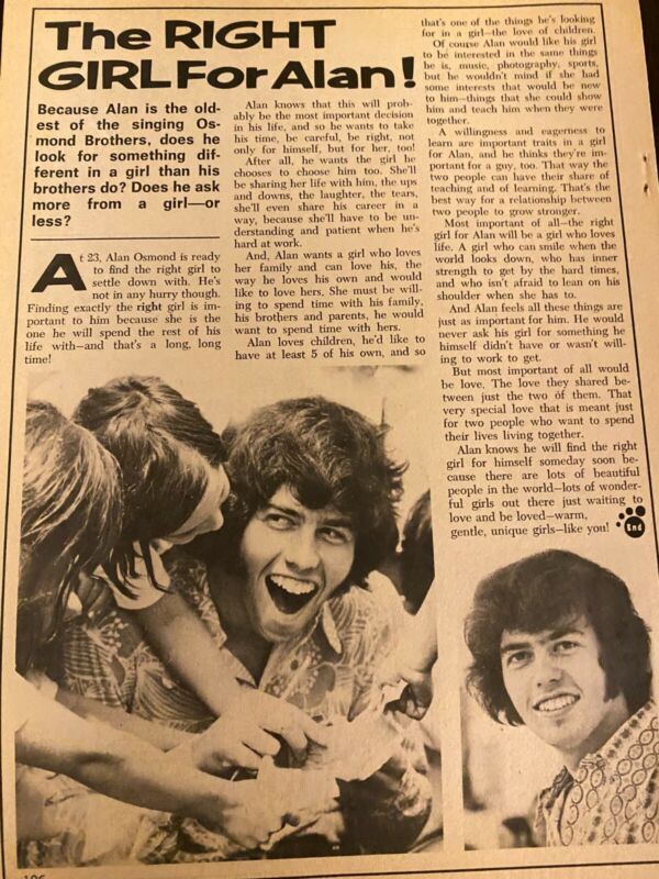 Alan Osmond, Osmonds Brothers, Full Page Vintage Clipping