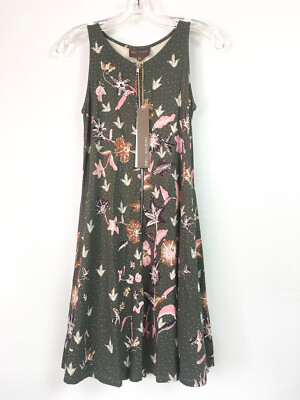 Bel Kazan Womens Medium Dress Sleeveless A Line Green Floral Full Zip Nouvelle