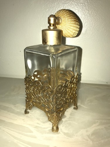 Antique Footed Perfume Bottle Atomizer Goldtone Ormolu Glass