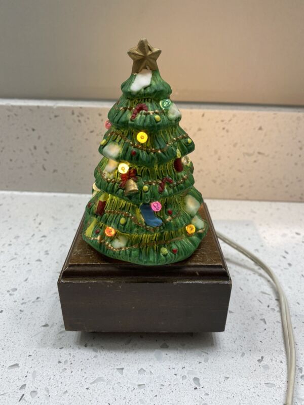 Vintage 7” Table Top Ceramic Christmas Tree Lamp with Wooden Base