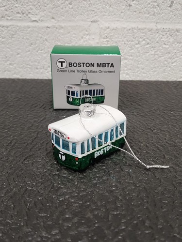 T Boston MBTA Green Line Trolley Glass Ornament NIB