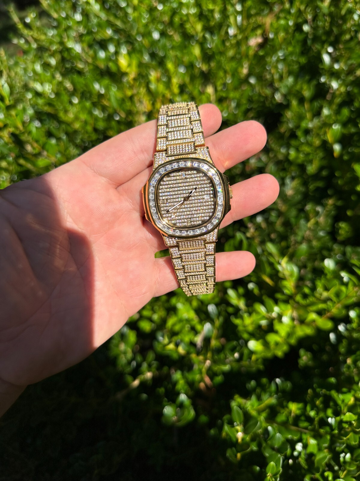 Pre-owned Real Mens Baguette 14k Gold  Moissanite Watch Iced Automatic Movement Hiphop
