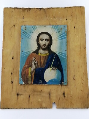 Antique 19c Old Orthodox Icon Rare Antique Original Icon Old Ukrainian Folk Icon of the Jesus Christ