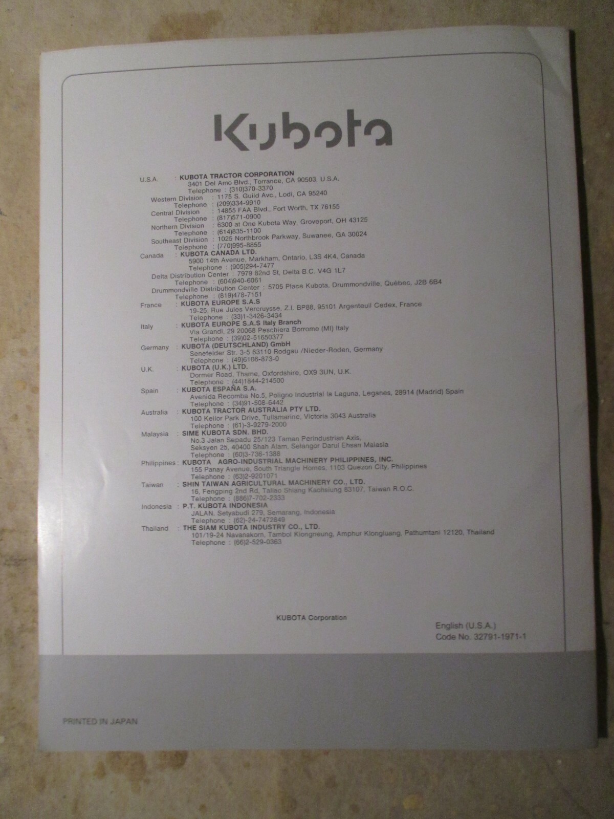 Kubota M59TL Operators Manual 32791-19711