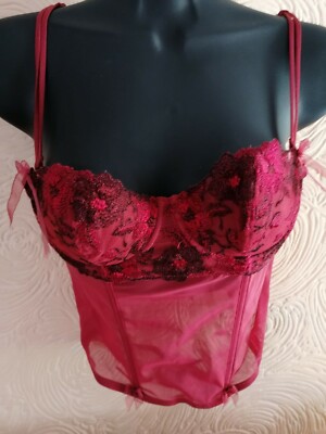 Pretty Polly AM42 Embroidered Basque Red 34B Detachable Suspender Straps Ribbon