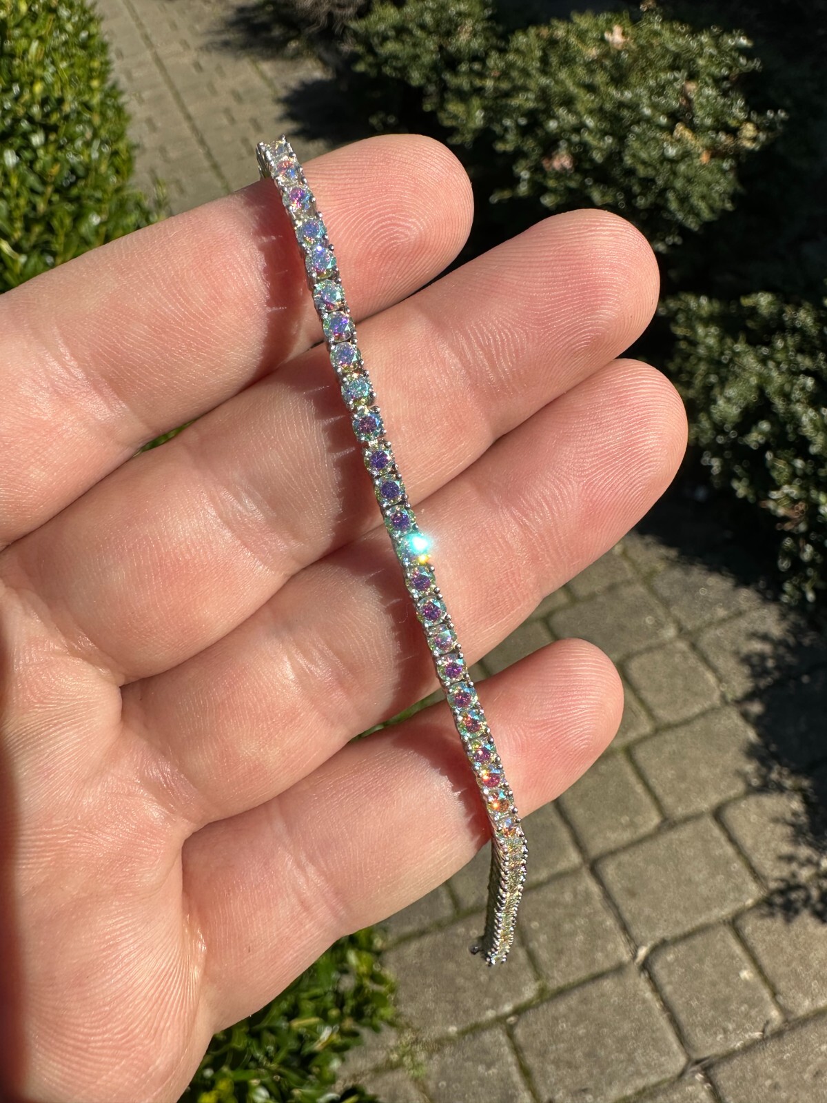 Pre-owned Silver Real Iced Opal Rainbow Moissanite 3mm Tennis Bracelet 925  Diamond Tester