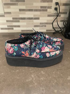 New TUK Mixed Floral Lace Up Platform Creepers Shoes Womans 7