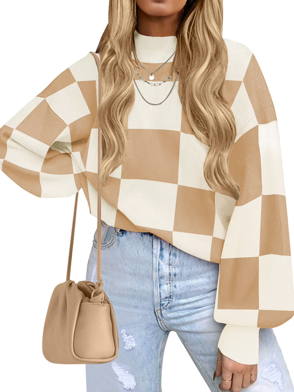 Oversized Sweaters for Women Drop Shoulder Plaid Colorblock Tops Fall Crewneck P