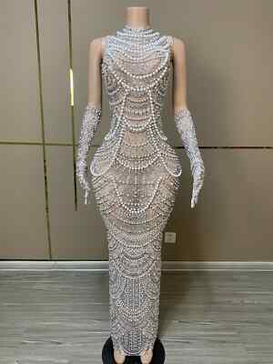 Sparkly Pearl Rhinestones Glove Dress Women Sexy Stage Mesh Celebrate Prom