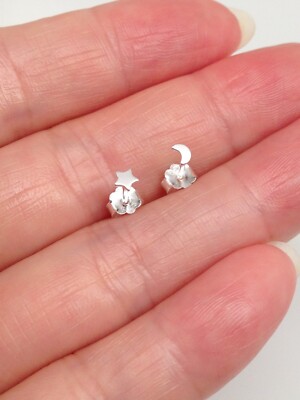 925 Sterling Silver Tiny Star & Moon Stud Earrings 2.8mm