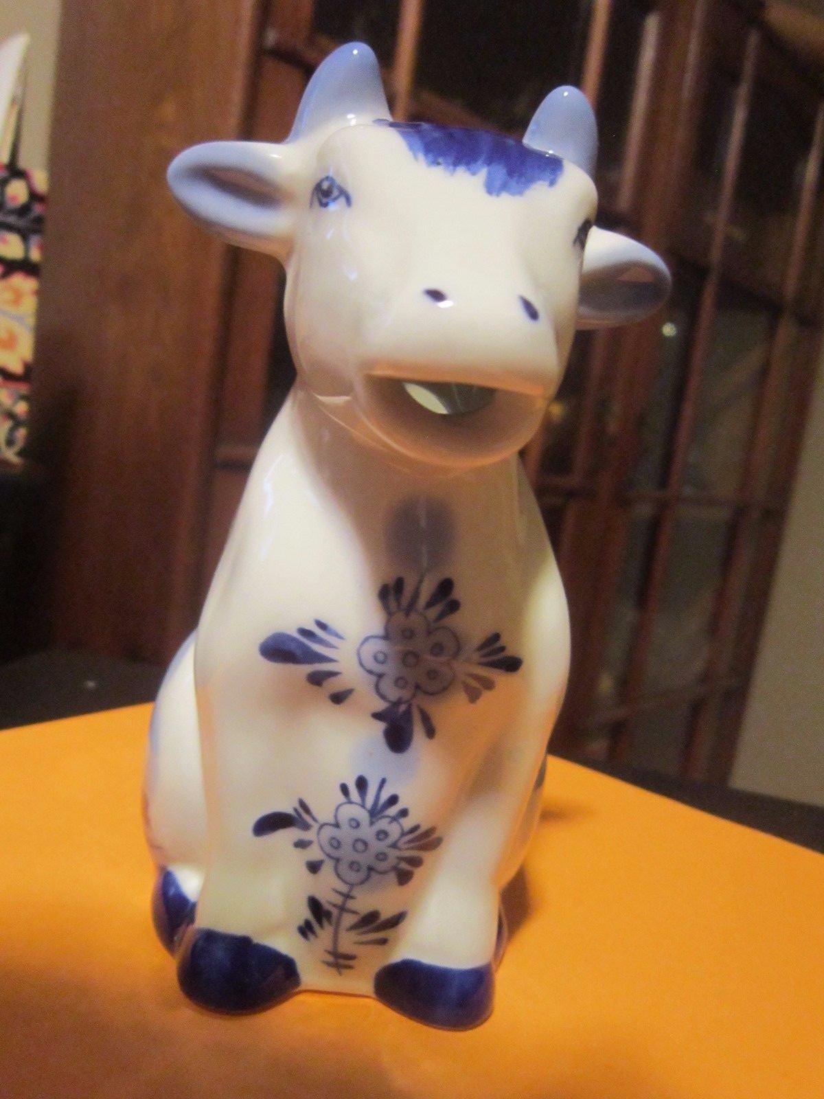 Cobalt Blue and White Windmill Sitting Cow Creamer
