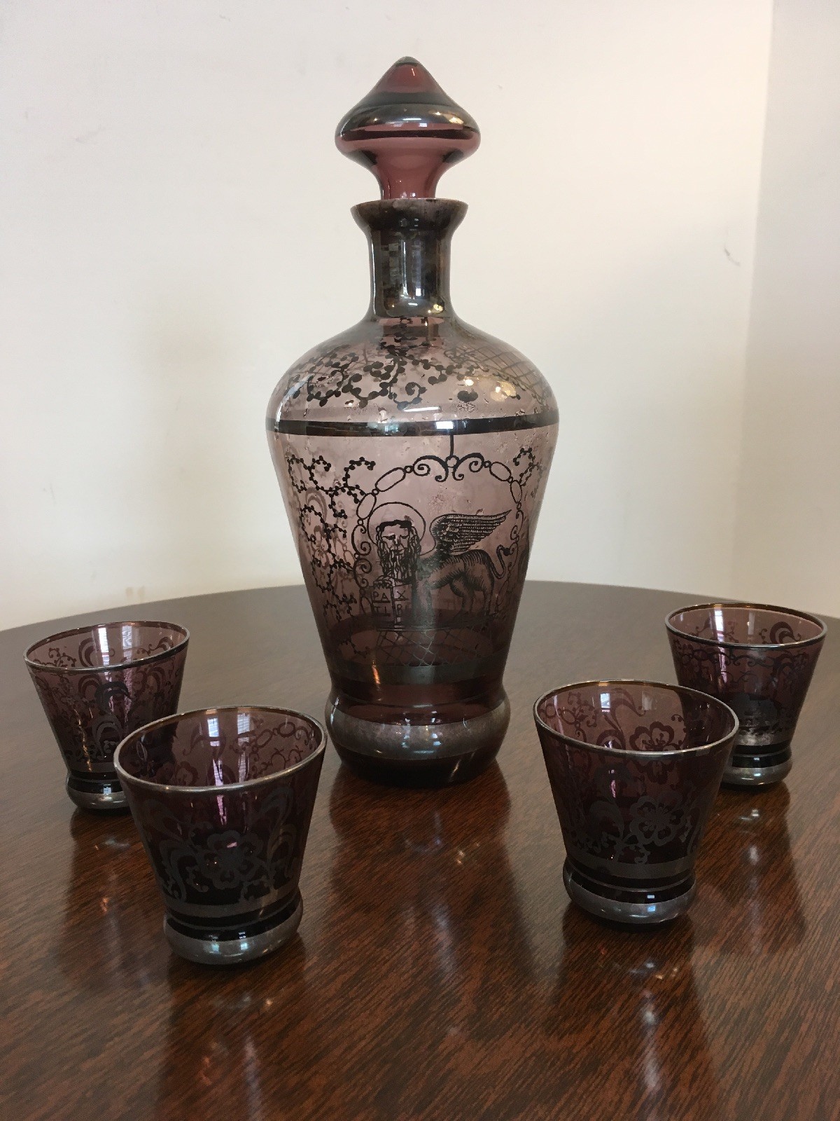 Silver Overlay purple Glass Decanter 4 Glasses Venice Winged Lion