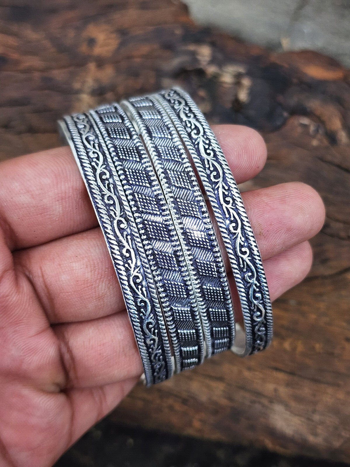 West Indian Thick Set Of 4 Silver Bangles Solid 925 Sterling
