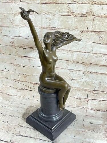 Handcrafted Nude Female Holding Bird Bronze Sculpture Marble Base Figurine Sale