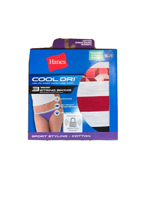XL/8 Hanes TAGLESS String Bikinis COOL DRI Sport Styling Cotton Panties 3 Count