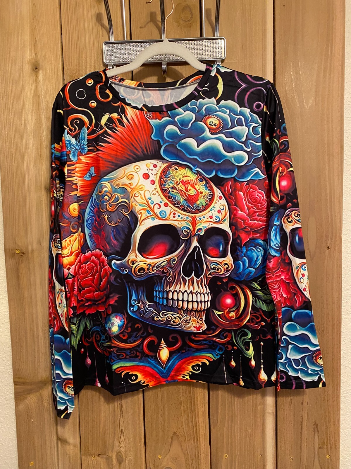 Multicolor Floral & Skull Fall Long sleeve Top size L NWOT