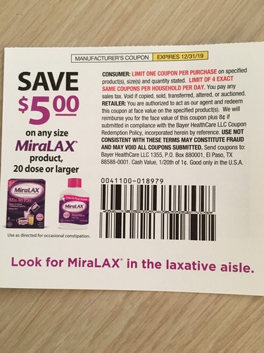 10 Miralax Coupons~$5 Off Any Size 20 Dose Or Larger Exp 12/31/2019!