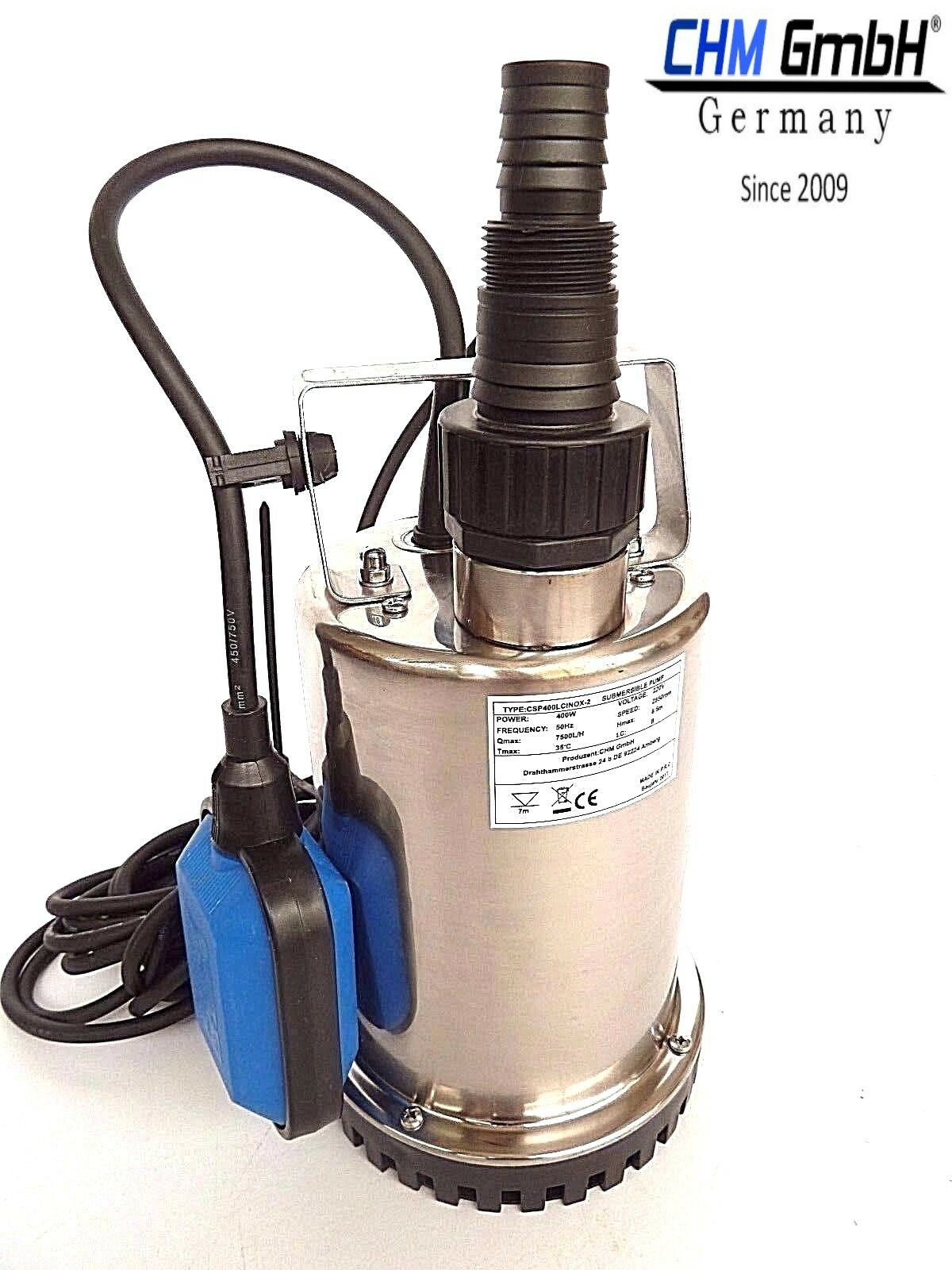 CHM GmbH® Flachsaugpumpe Edelstahl 400 Watt Kellerpumpe, Tauchpumpe, Poolpumpe