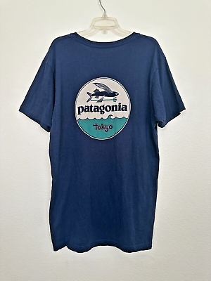 Patagonia Mens Tokyo Fly Fishing Short Sleeve T Shirt Blue Cotton Medium