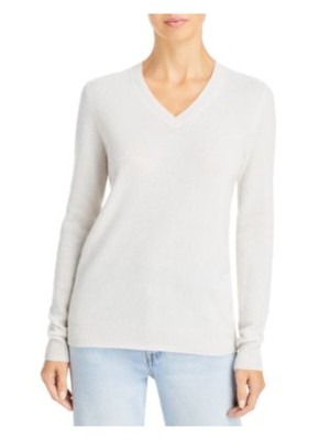 

C Женский свитер цвета слоновой кости в рубчик с длинными рукавами и V-образным вырезом, Цвет слоновой кости