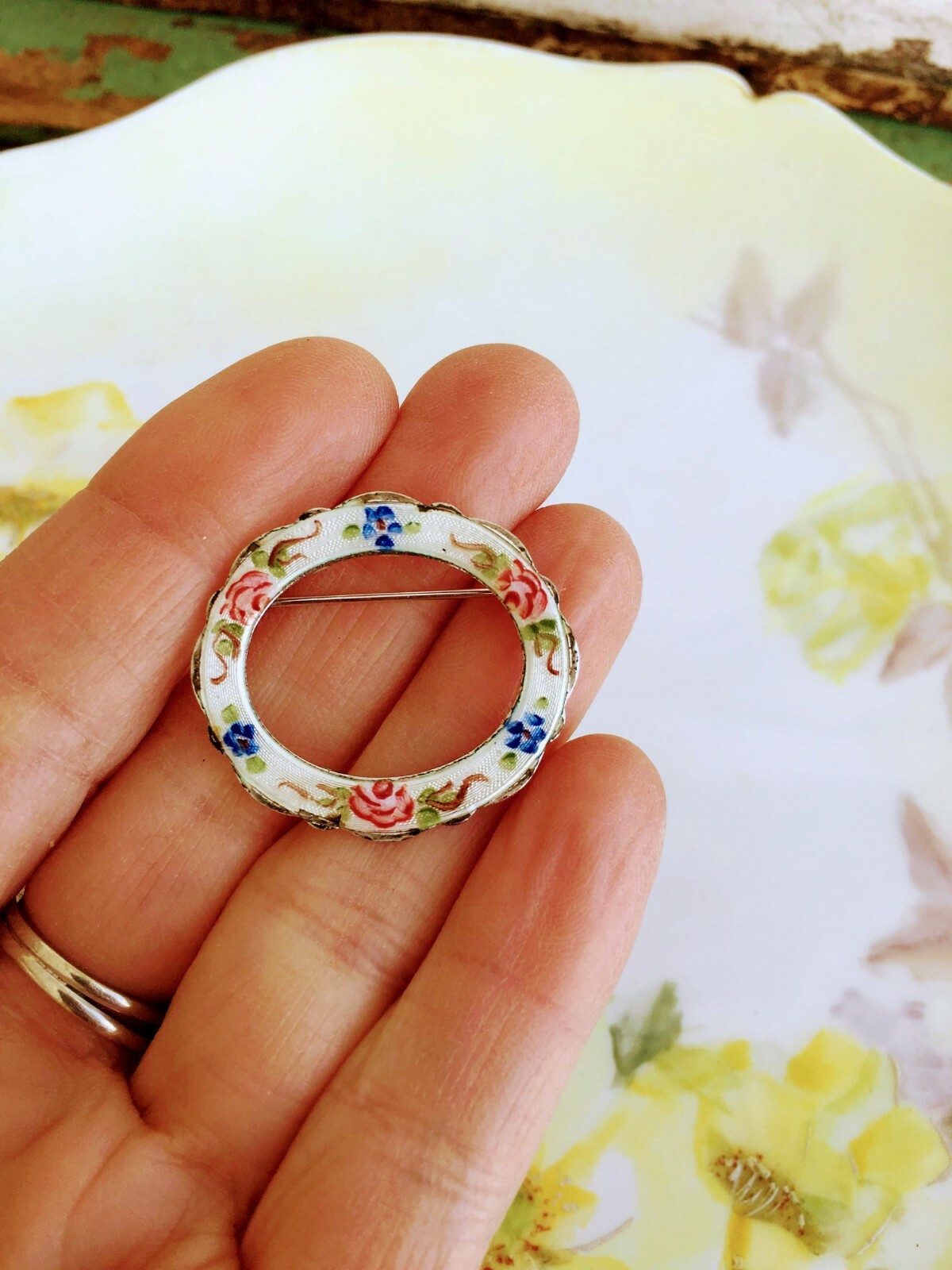 Vintage Lamode Sterling Guilloche Enamel Rose Flowers Floral Pin Brooch