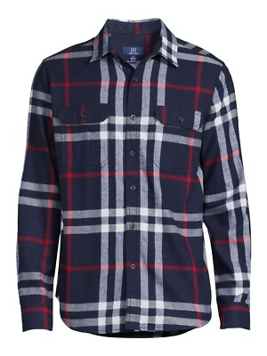 George Men's Navy Blue /Red / White Plaid Soft Flannel Long Sleeve Shirt Medium