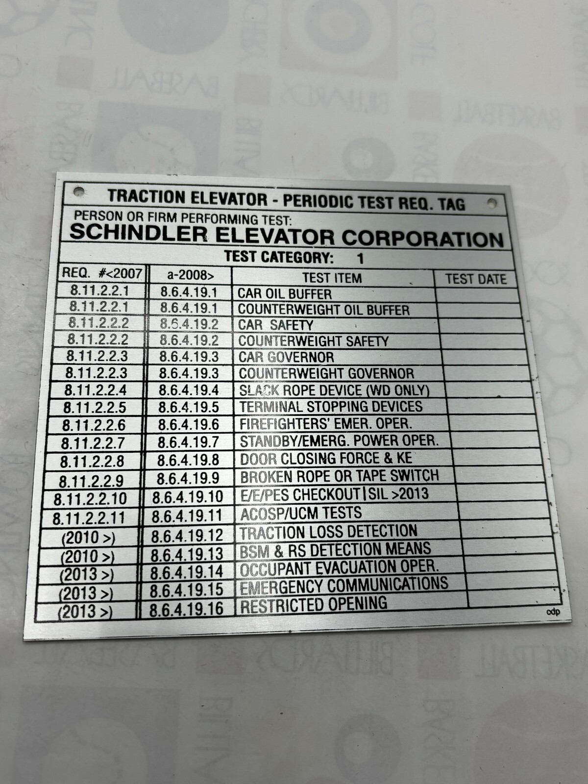 Test Tag for Traction Elevator Periodic Test Category 1 Test Tag for Traction Elevator Periodic Test Category 1