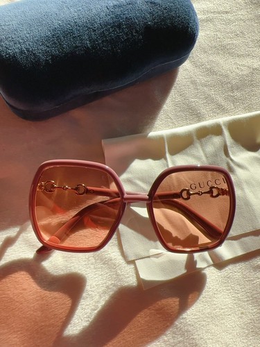 Pre-owned Gucci Gg0890s 003 Women's Pink Frame / Orange Lens Sunglasses