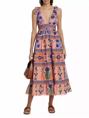 Pre-owned Farm Rio Seashell Tapestry Midi Dress Seashell Tapestry Pink In Multi - Size Xl