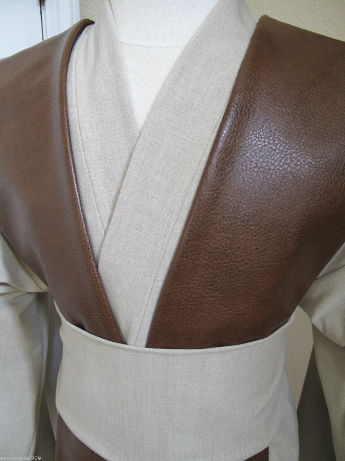 Cosplay Jedi beige fabric tunic & sash, brown pleather tabards  4 pcs Costume