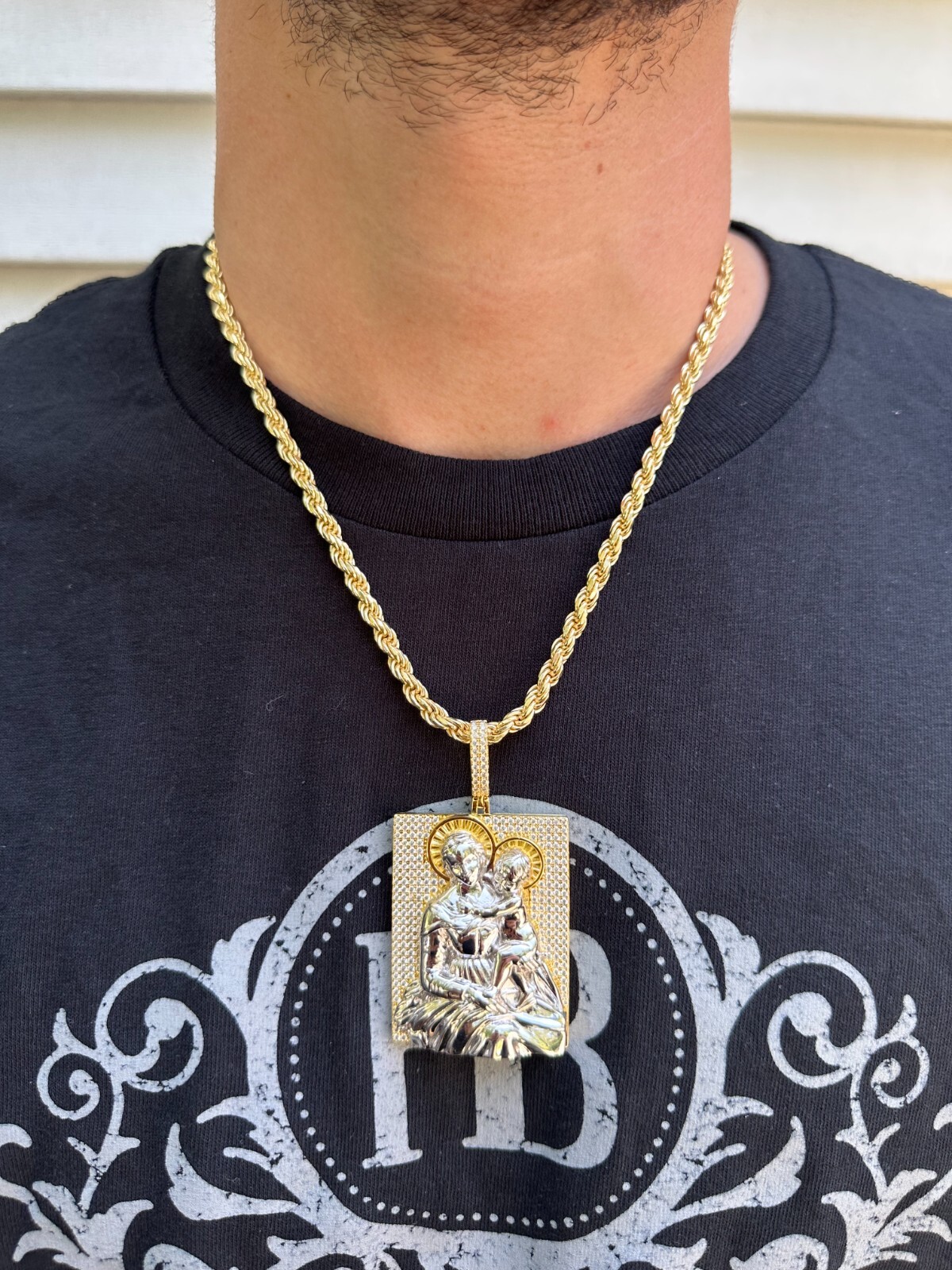 Pre-owned Harlembling Moissanite Virgin Mary Pendant Real 925 Silver Necklace Large 2.5" Ice Out Piece In White