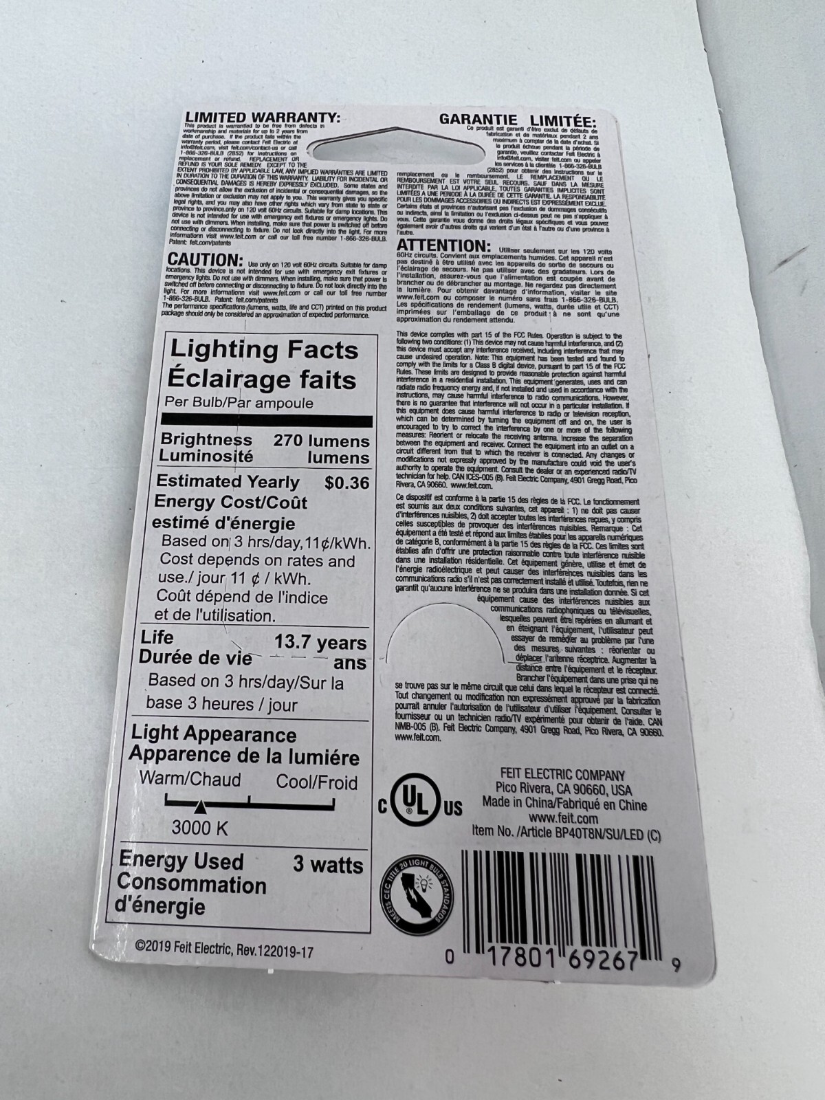FEIT Electric 3 watts T8 LED Bulb 270 lumens Warm White Appliance Bulb Microwave