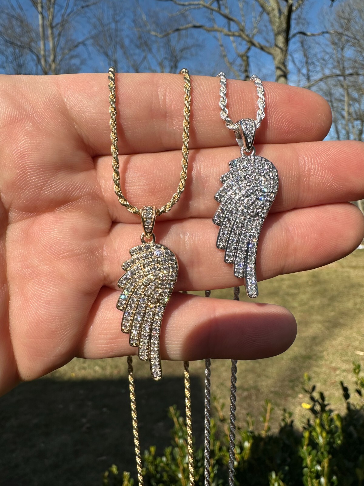 Pre-owned Angel 1.24ct Real Diamond Guardian  Wing Pendant Solid 14k Gold Necklace Pendant In White