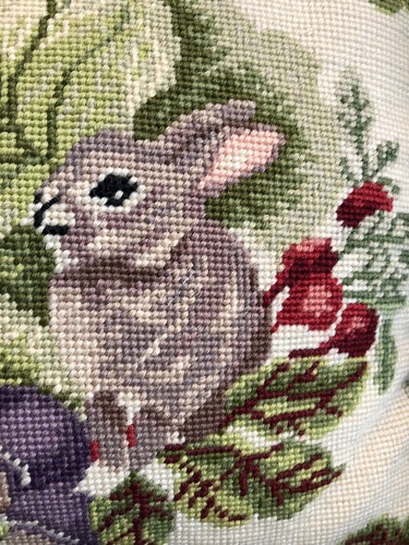 Vintage Hand Crafted Needlepoint Rabbit/Bunny Vegetable Pillow