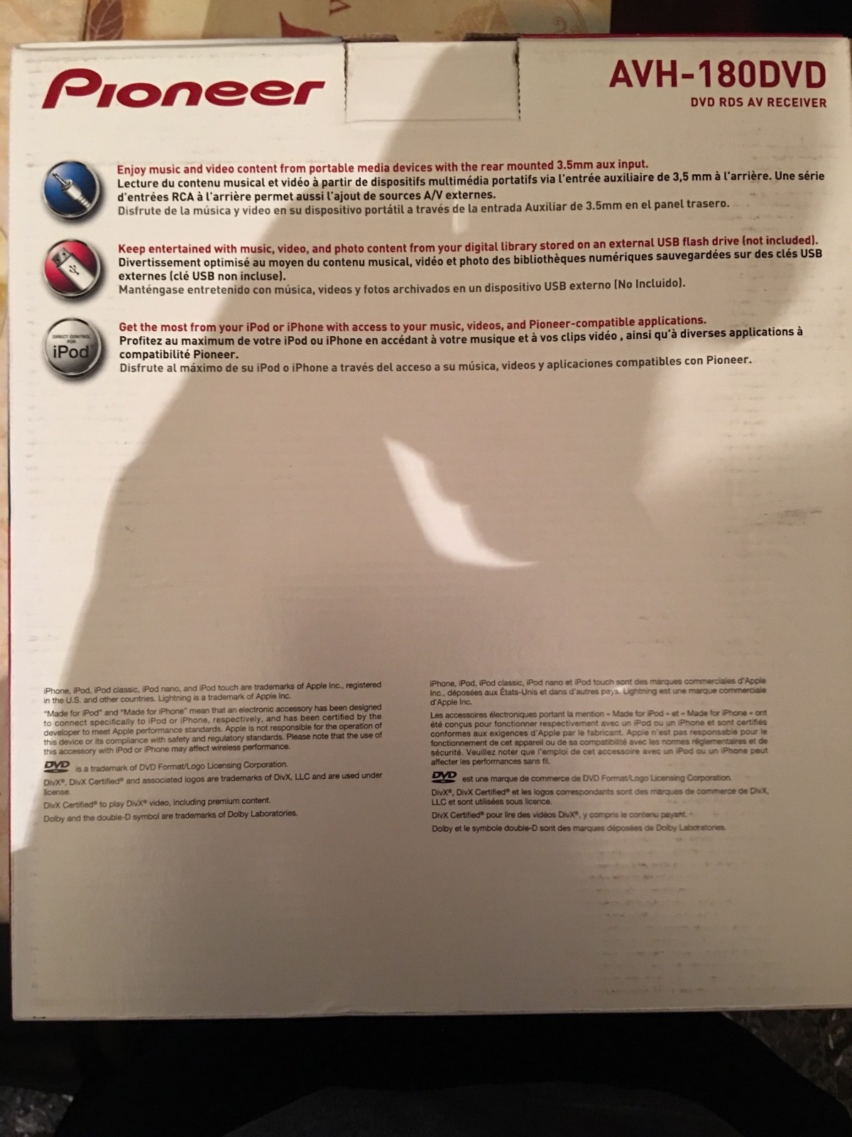 AVH-180DVD Pioneer 6’2 inch screen Black Aux, USB, DVD IPhone compatible.