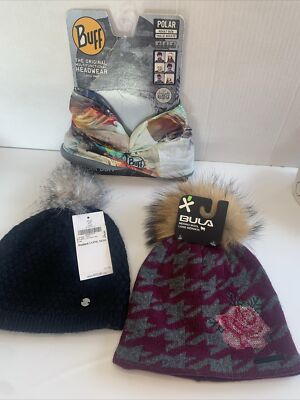 Spyder Buff Bula Knit Skiwear Headwear Bundle Lot Of 3 NEW WITH TAGS Ski Pom Pom