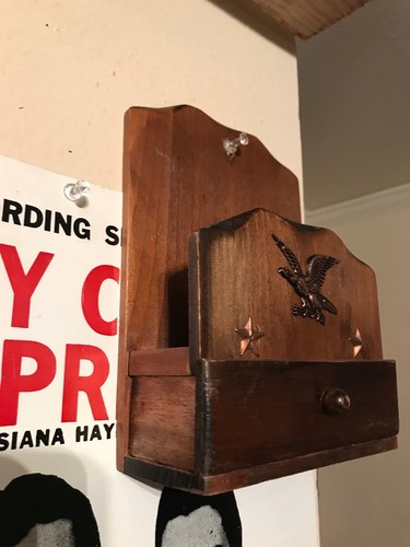 Vtg Lobeco Japan Wood Mail Holder Box metal Eagle Stars wall hanging or standing