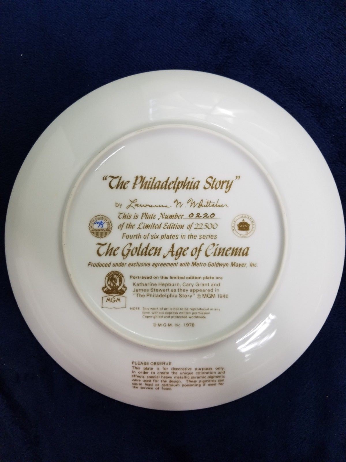 The Philadelphia Story Collector Plate Numbered The Golden Age Of Cinema MGM